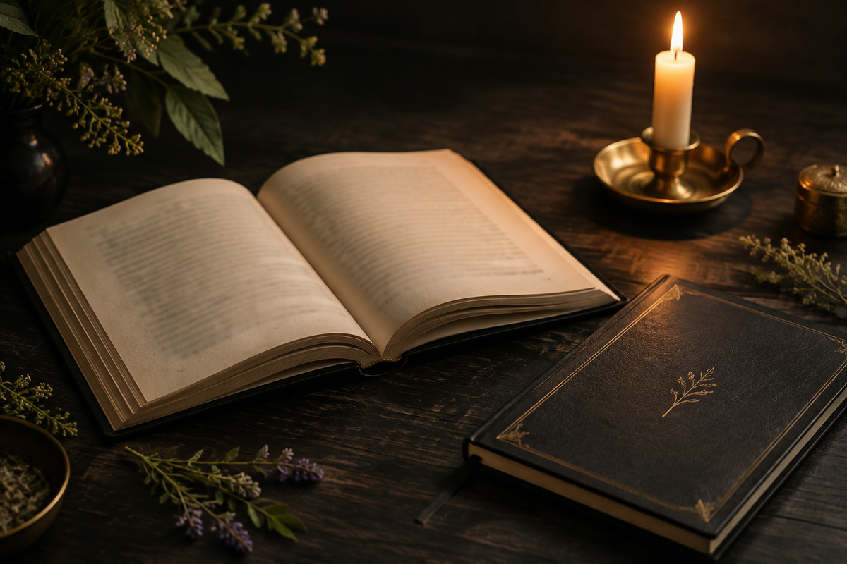 Open book and black journal on a dark table beside a glowing candle.