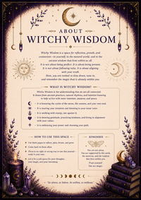A decorative printed card titled 'ABOUT WITCHY WISDOM' with mystical illustrations including crescent moons, stars, books, and hanging charms on a parchment-style background.