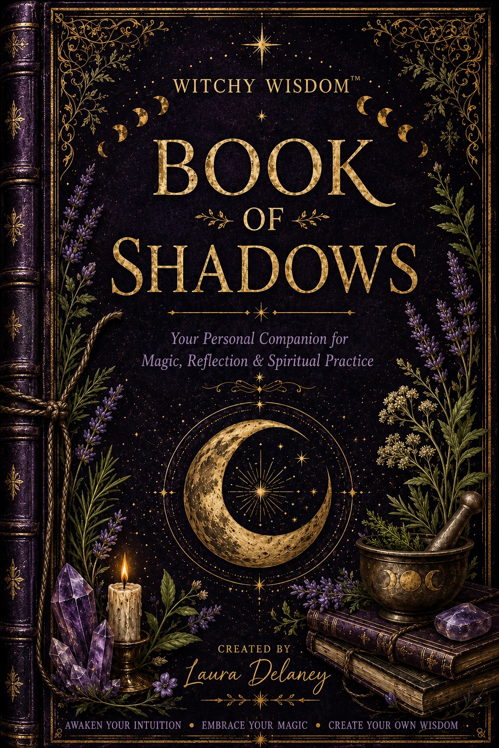 Book of Shadows by Laura Delaney, featuring an ornate black and gold cover with a crescent moon, purple crystals, herbs, candle and magical illustrations.