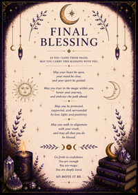 A square mystical blessing card or poster with a cream background, dark purple border, and ornate celestial illustrations including crescent moons, stars, crystals, and stacked magic books. The central text reads 'FINAL BLESSING' followed by a poem of blessing and a closing line, 'SO MOTE IT BE.