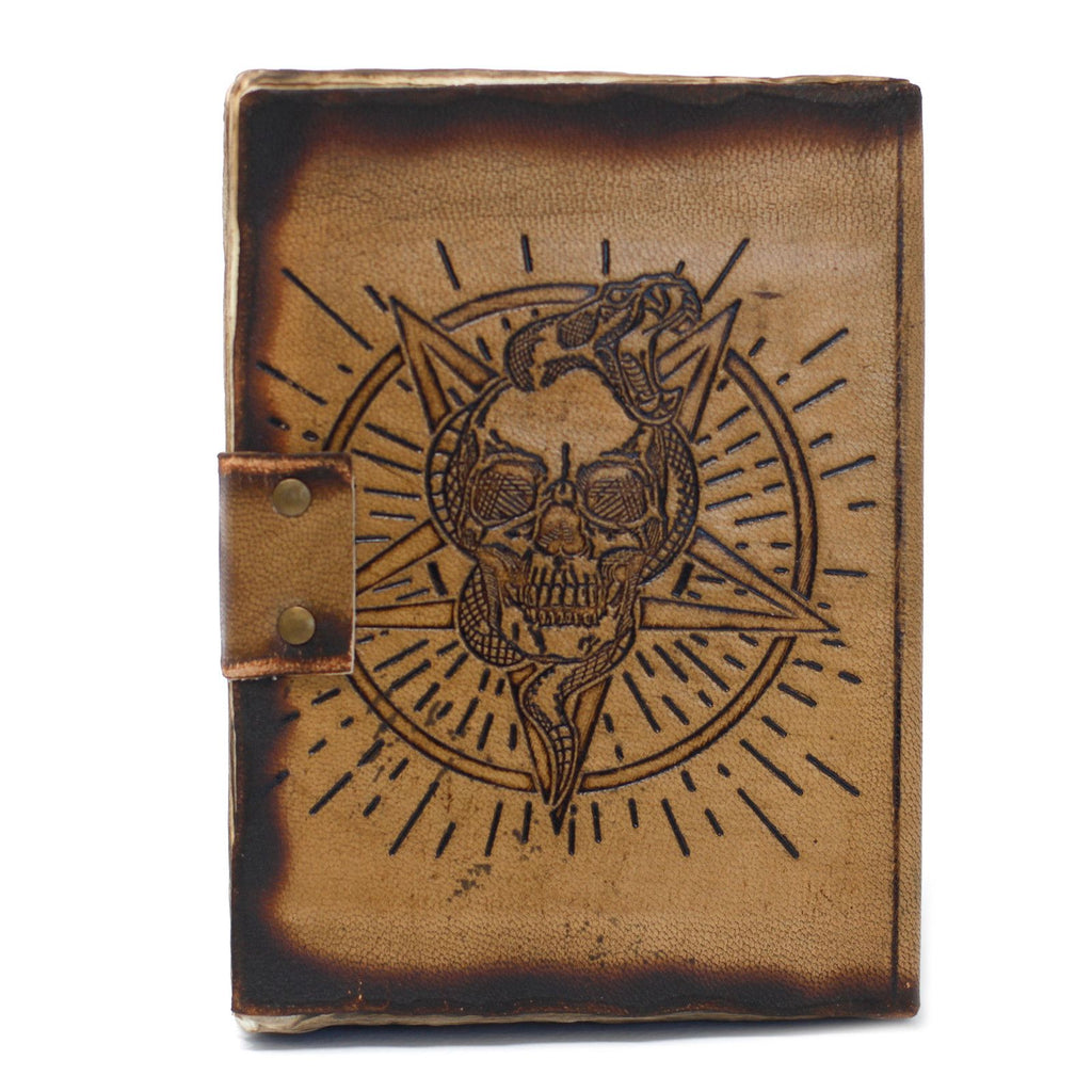Leather Pentagon & Skull Notebook with Burns Detail 7x5 Inches