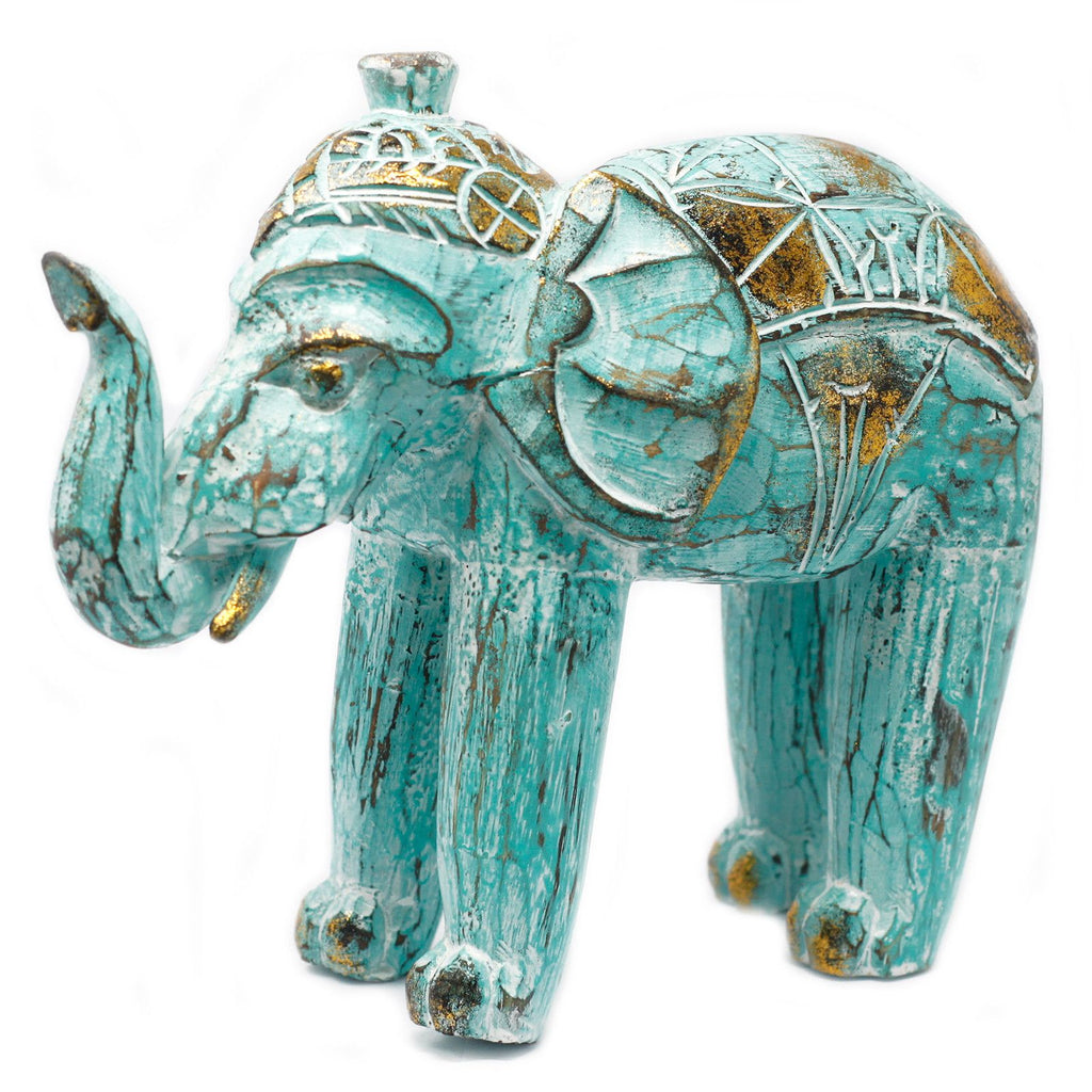 Wood Carved Elephant Decorative Figure in Turquoise and Gold
