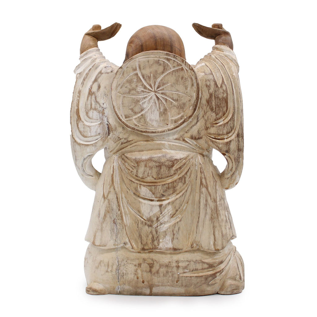 Hand Carved Happy Buddha Hands Up Statue in Whitewash 40cm