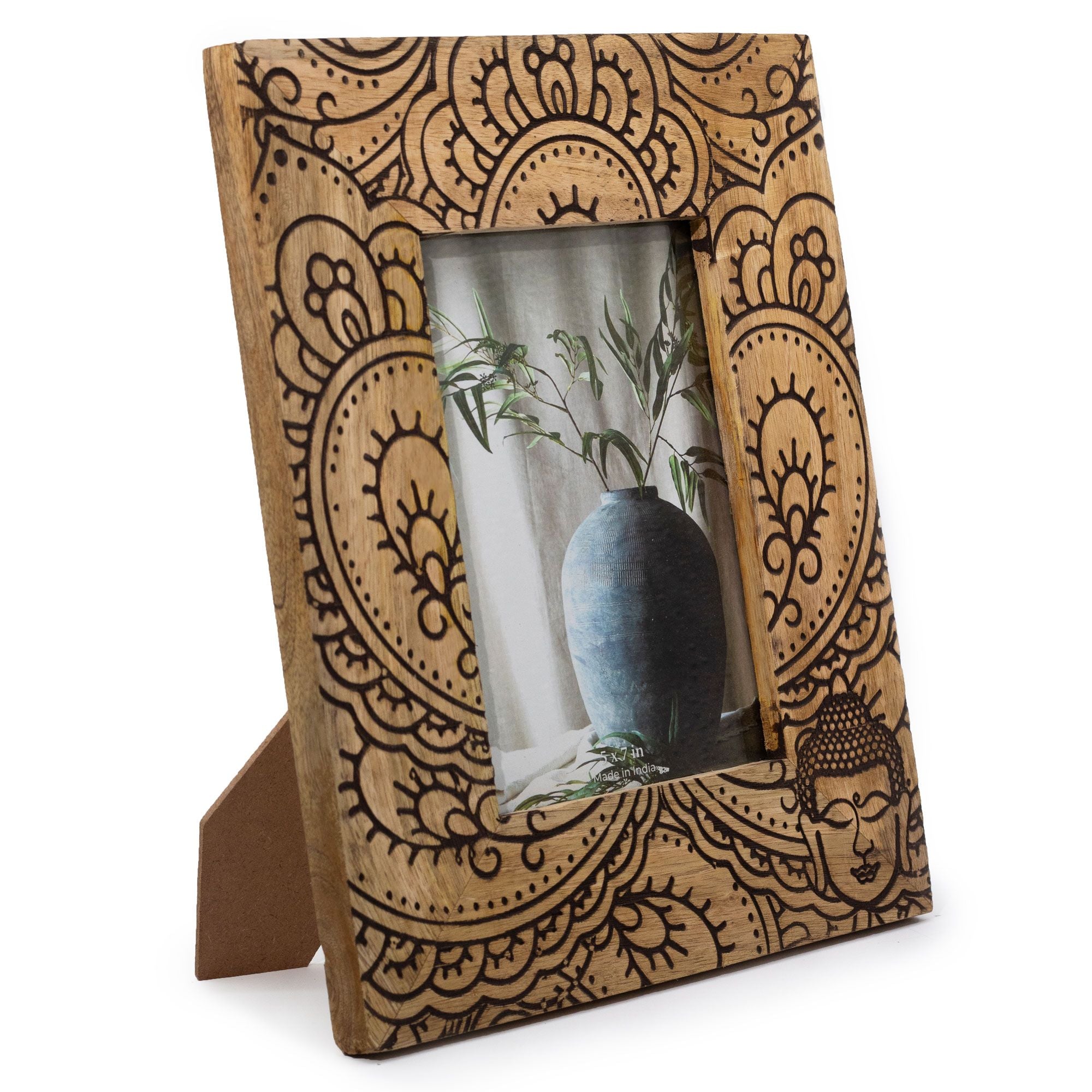 Large Black Mango Wood Picture Frame with Buddha Design for Photos