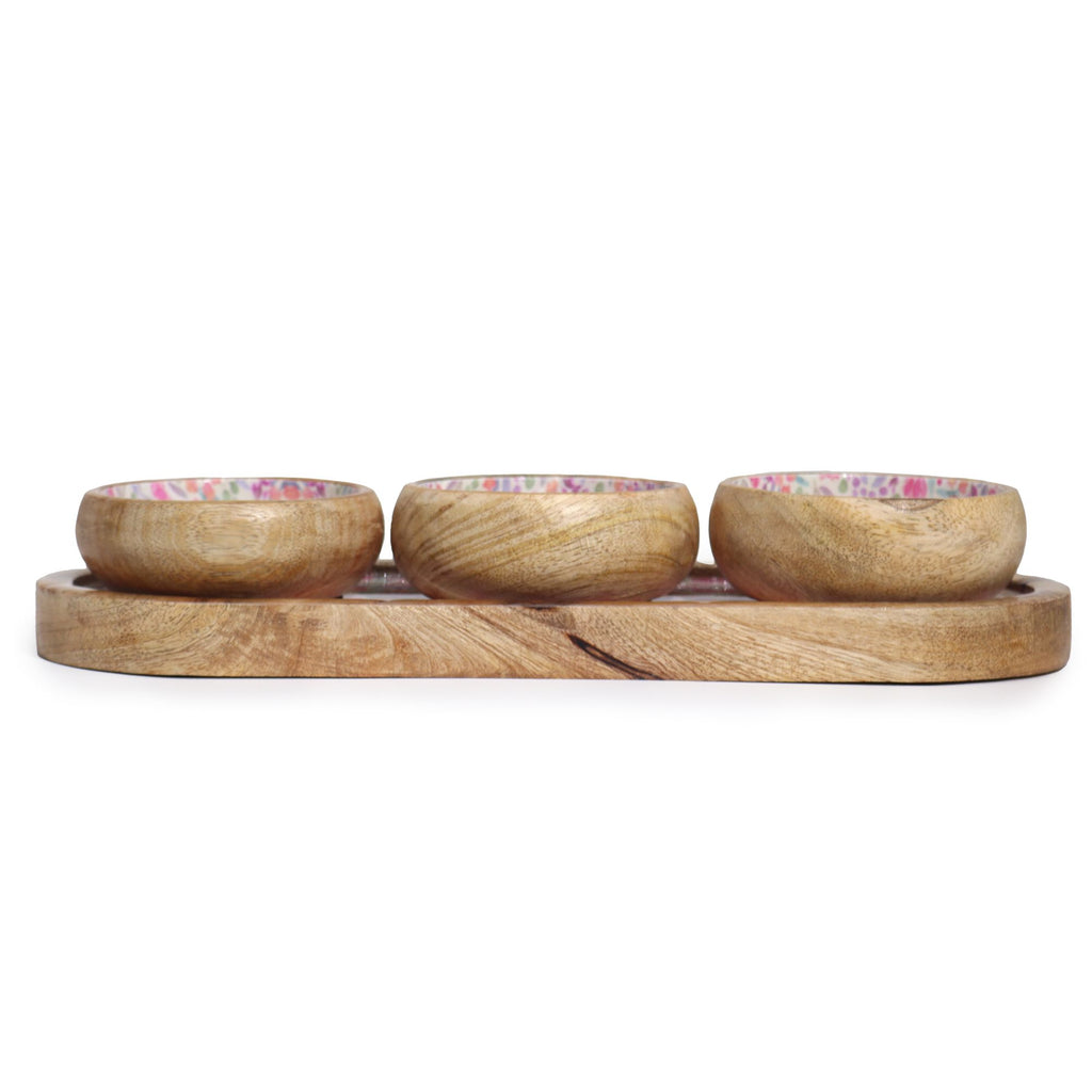Mango Wood Tray with 3 Bowls Featuring Charming Floral Design