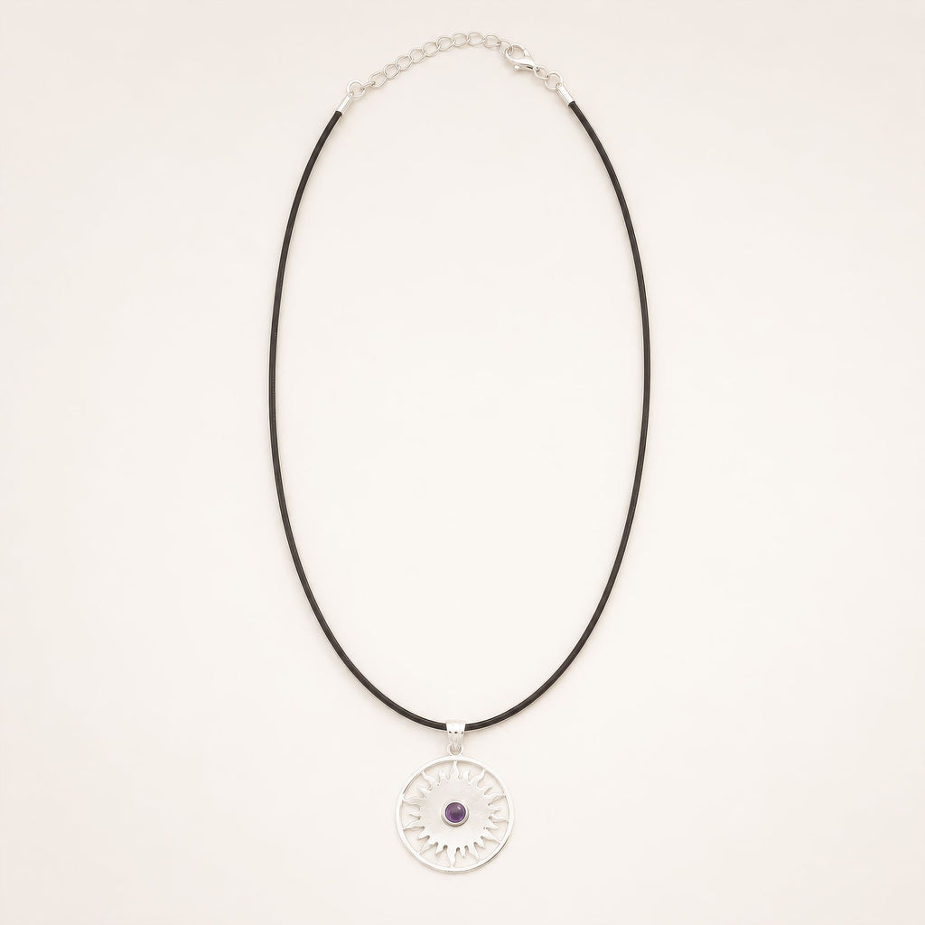 Indian Devotional Pendant with Silver Plated Sun Motif and Amethyst