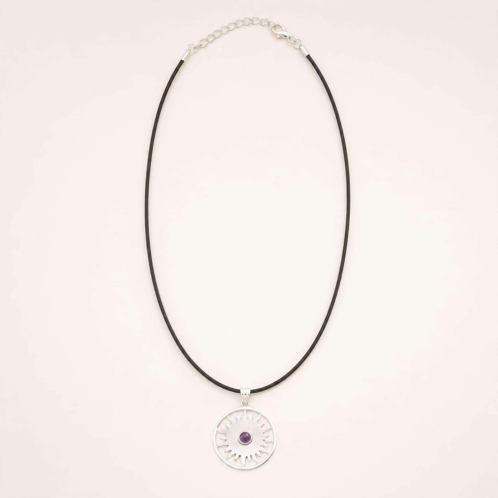 Indian Devotional Pendant with Silver Plated Sun Motif and Amethyst