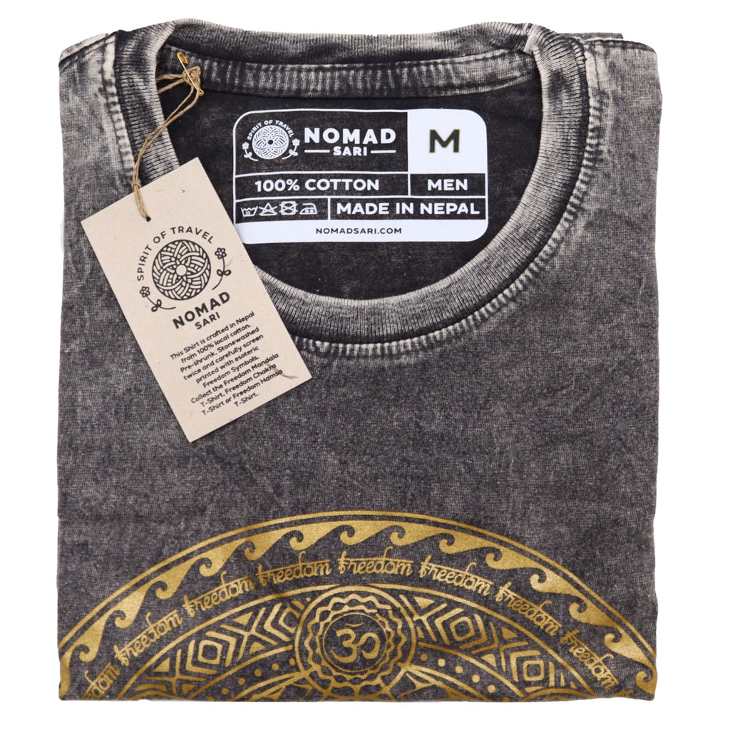 Nomad Sari Stonewashed Cotton T Shirt with Chakra Design Dark Grey