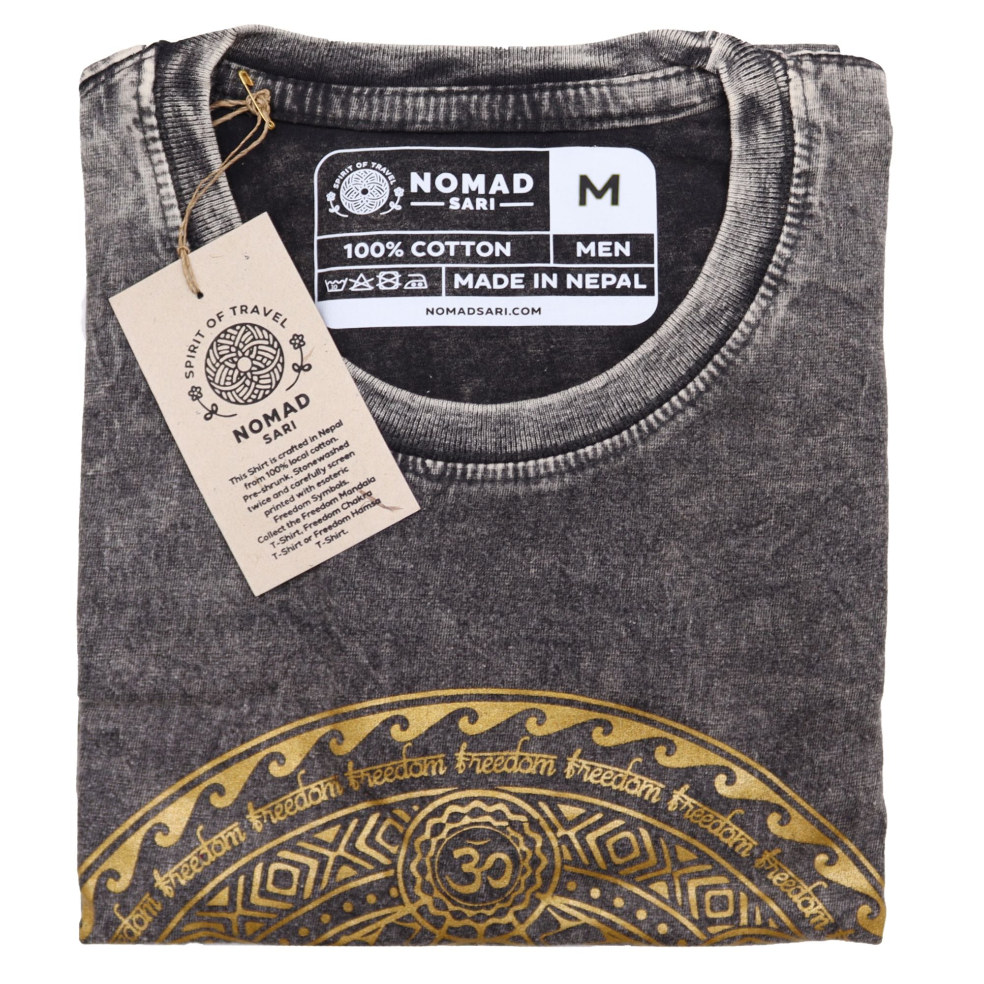 Nomad Sari Stonewashed Cotton T Shirt with Chakra Design Dark Grey