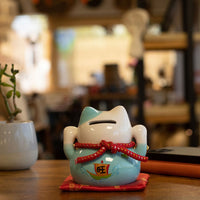 Japanese Lucky Cat Ceramic Money Box on Cushion – Blue