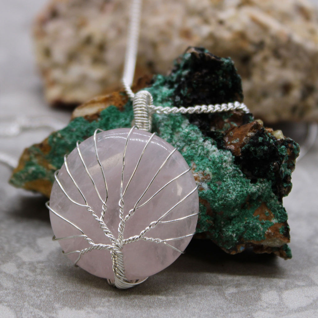 Tree of Life Gemstone Necklace with Rose Quartz Design