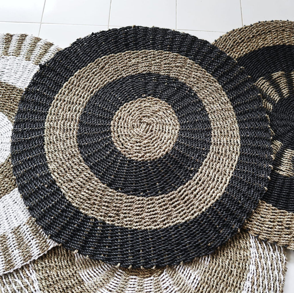 Round Seagrass Black and Tan Circles Rug for Modern Home Decor
