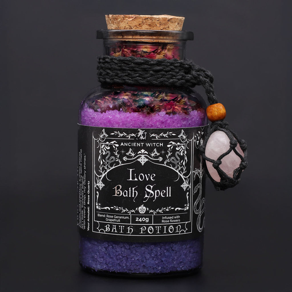 Ancient Witch Bath Spell Potion & Rose Quartz Amulet for Love