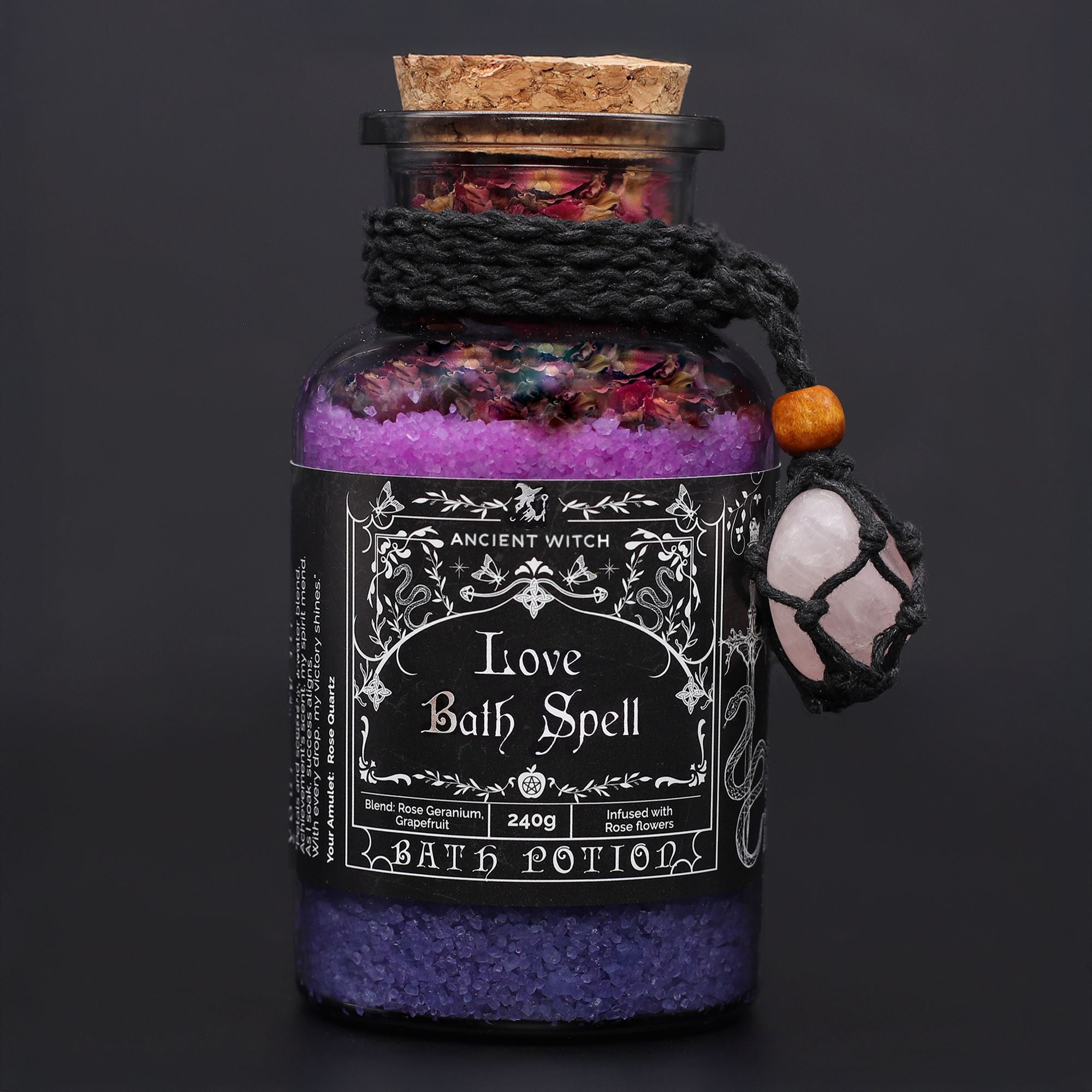 Ancient Witch Bath Spell Potion & Rose Quartz Amulet for Love