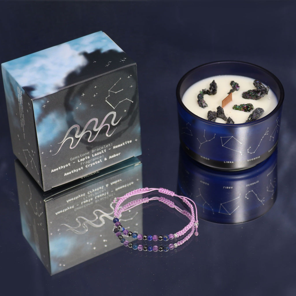 Aquarius Zodiac Crystal Candle Gift Set with Gemstone Bracelet