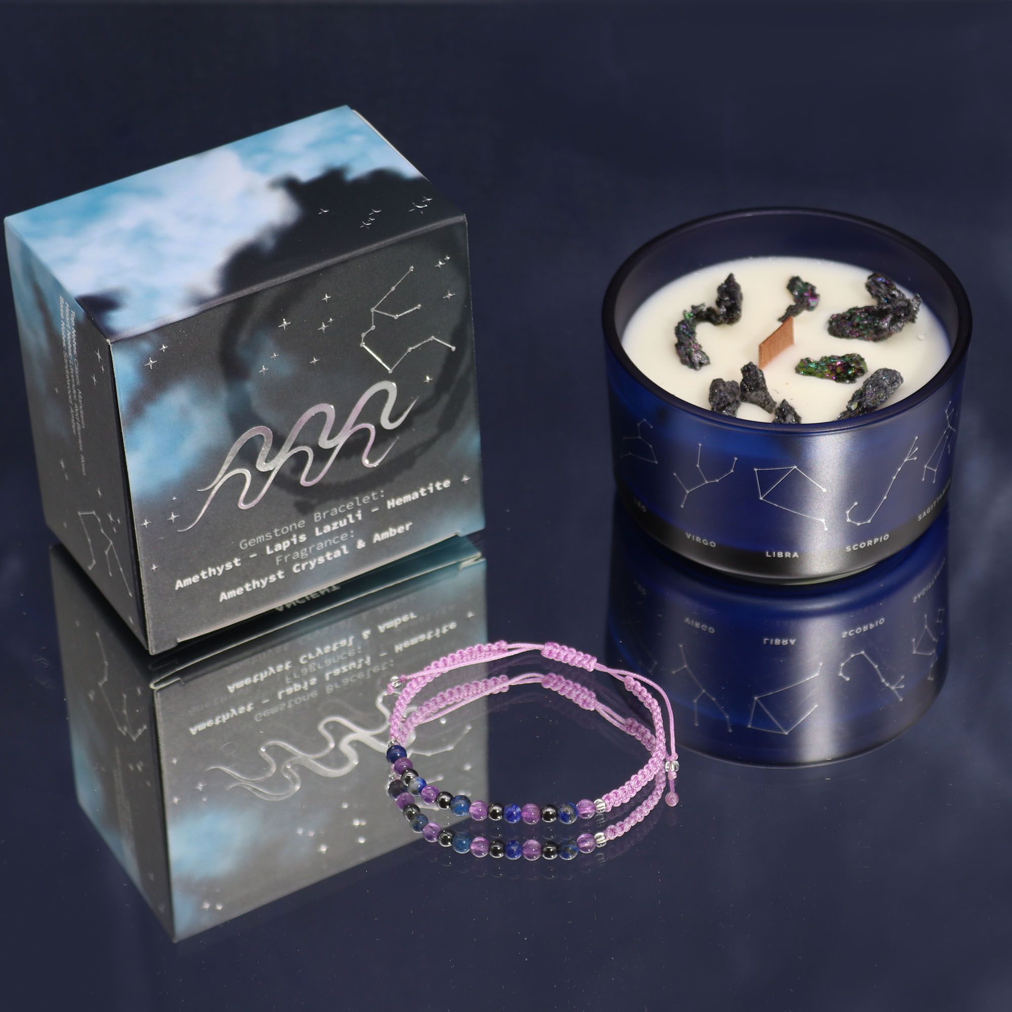 Aquarius Zodiac Crystal Candle Gift Set with Gemstone Bracelet