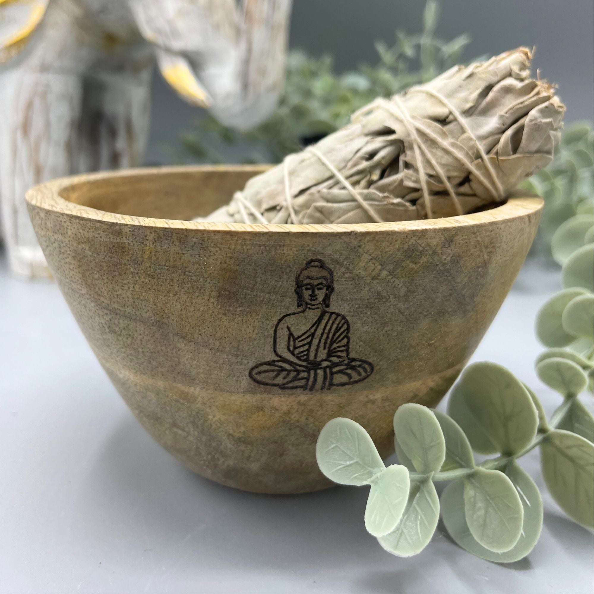 Wooden Smudge Bowl with Buddha Design for Ritual Offerings