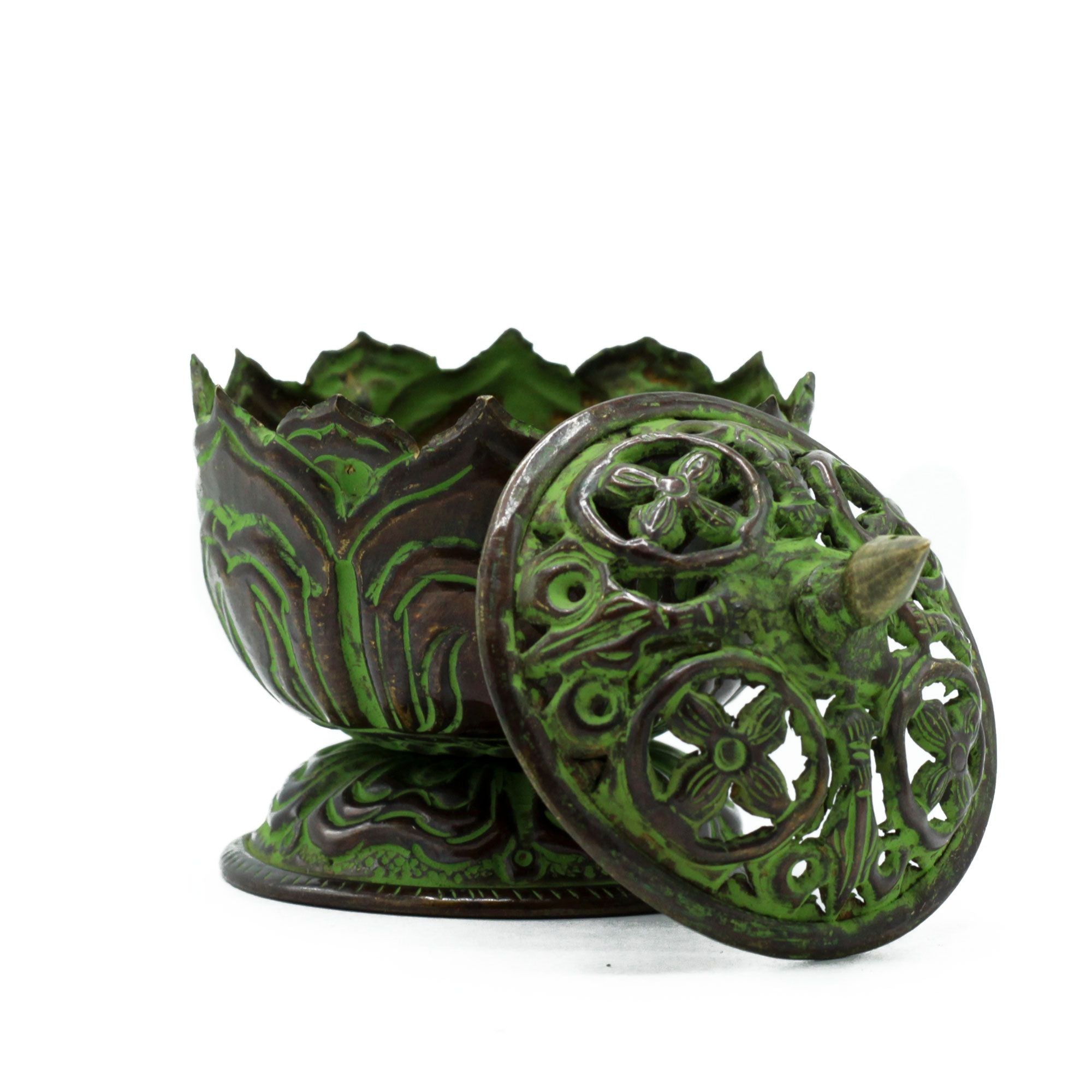 Brass Verdigris Tibetan Incense Burner Small Lotus Design for Home