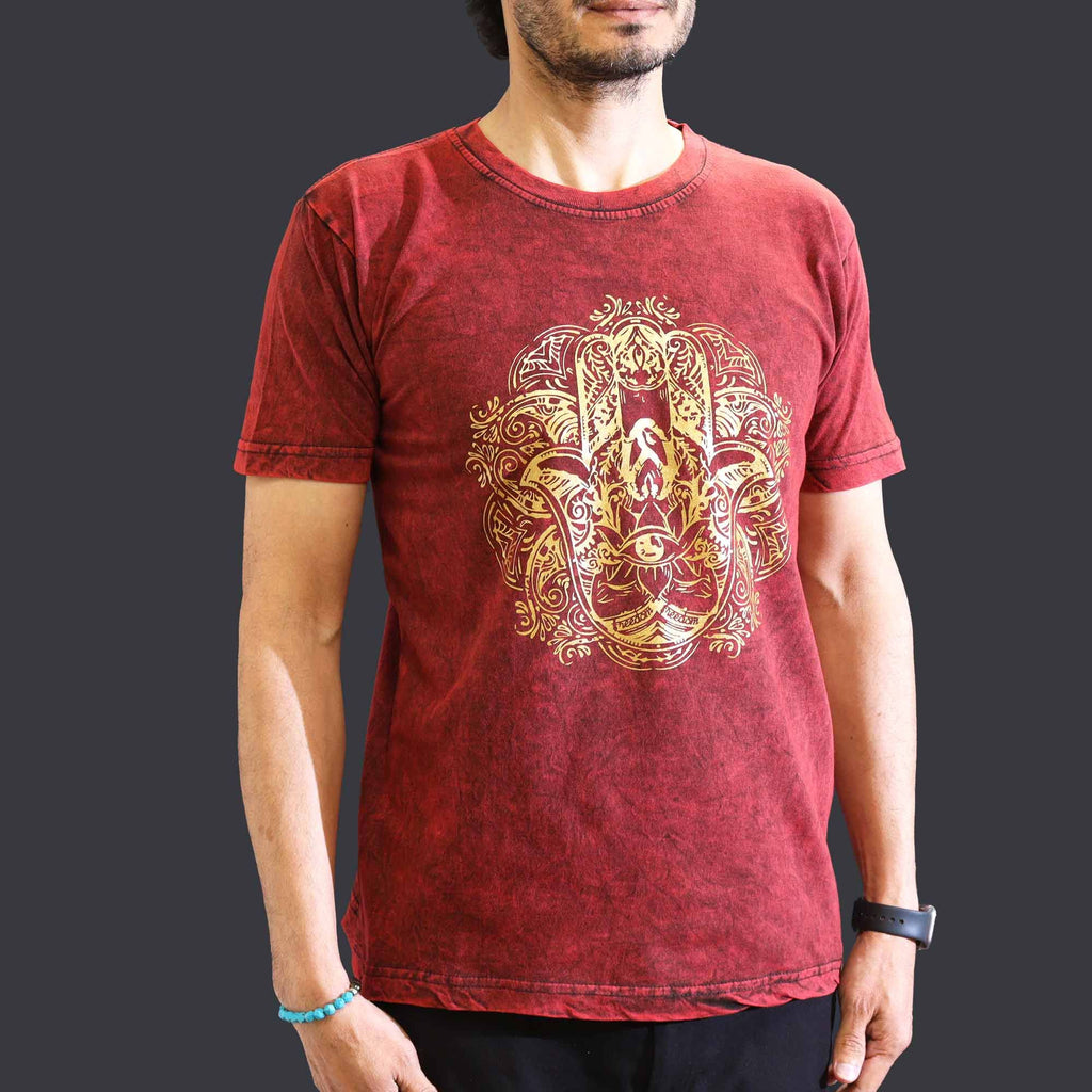 Nomad Sari Stonewashed Cotton T Shirt with Hamsa Design Maroon