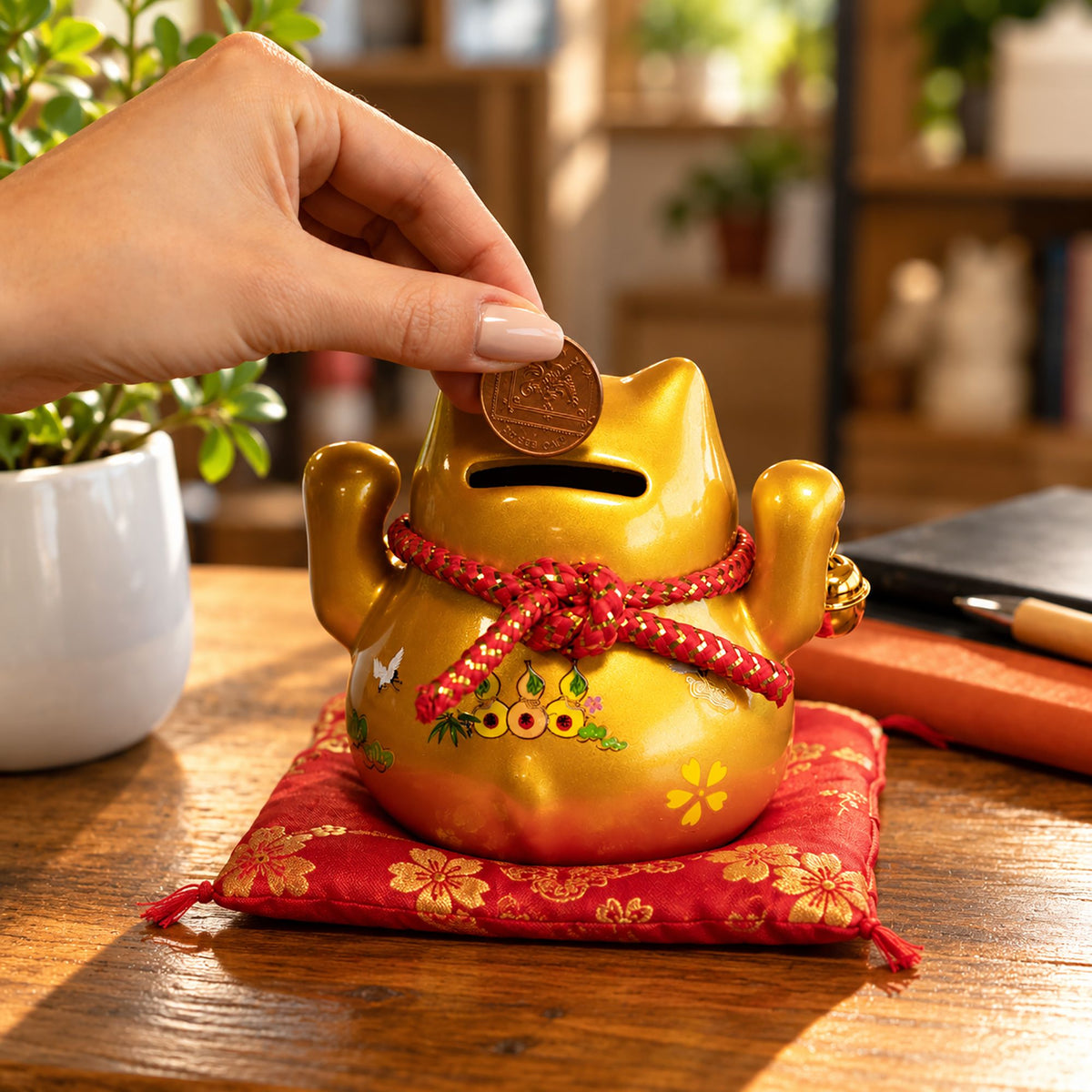 Japanese Lucky Cat Ceramic Money Box on Cushion – Gold