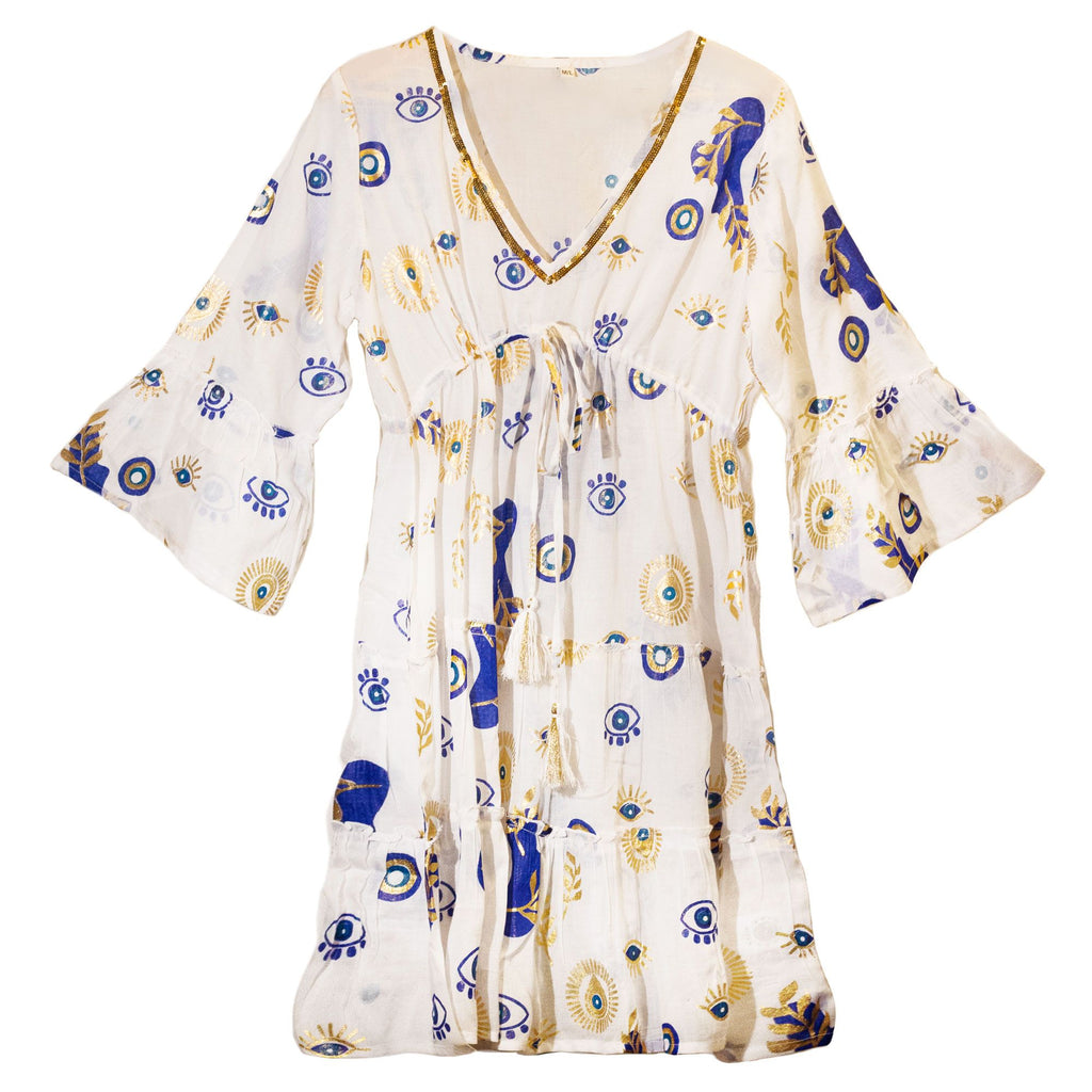 Nomad Sari Evil Eye Dress in White Blue and Gold Size M/L