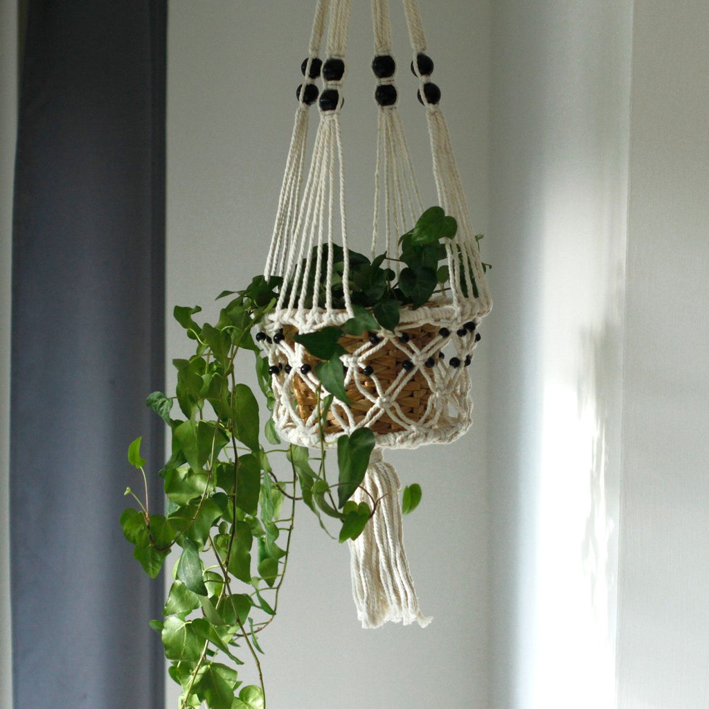 Large Single Beaded Macrame Pot Holder for Home Decor Display