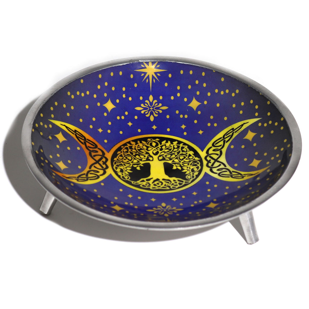 Triple Leg Enamelled Offering Plate with Purple Triple Moon Design