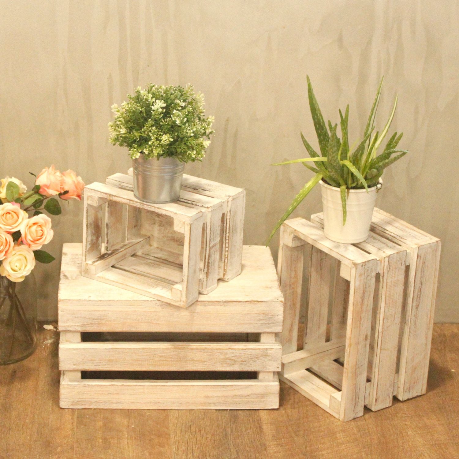 Wooden Storage Crates Set of 3 in Whitewash for Home Organisation