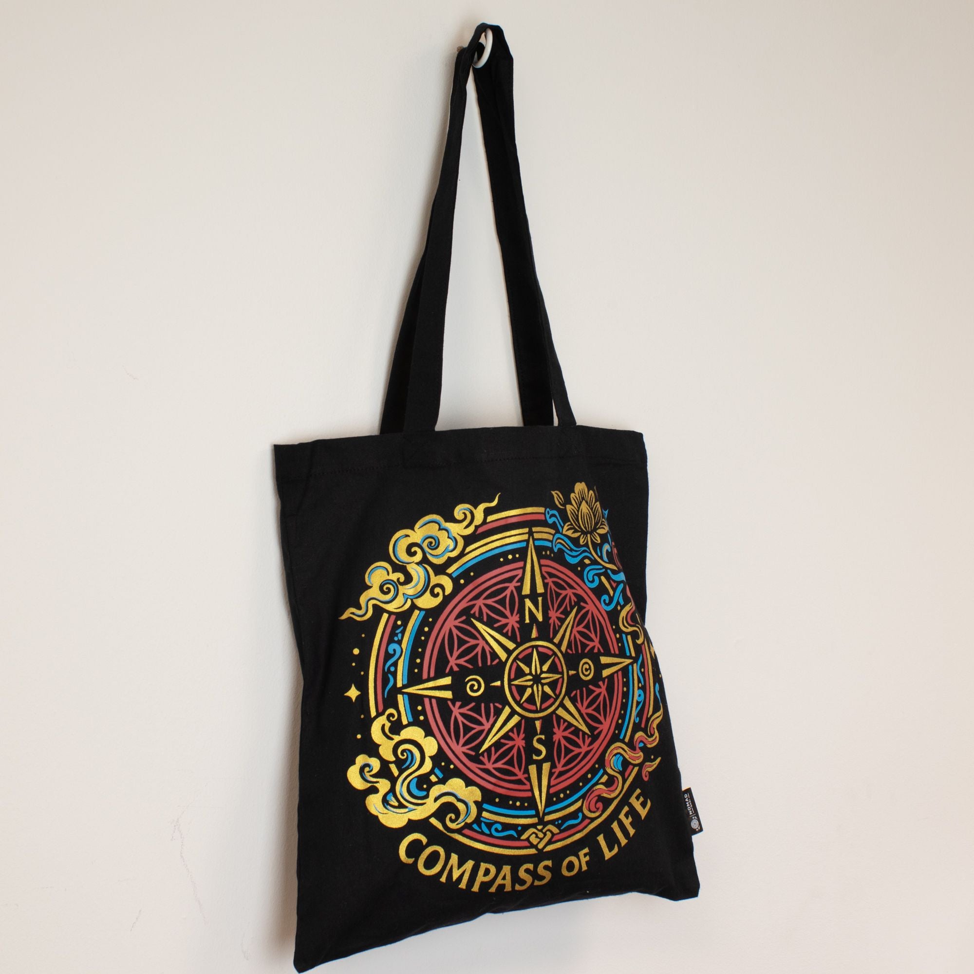 Iconic Classic Tote Bag with Compass of Life Black Cotton Design