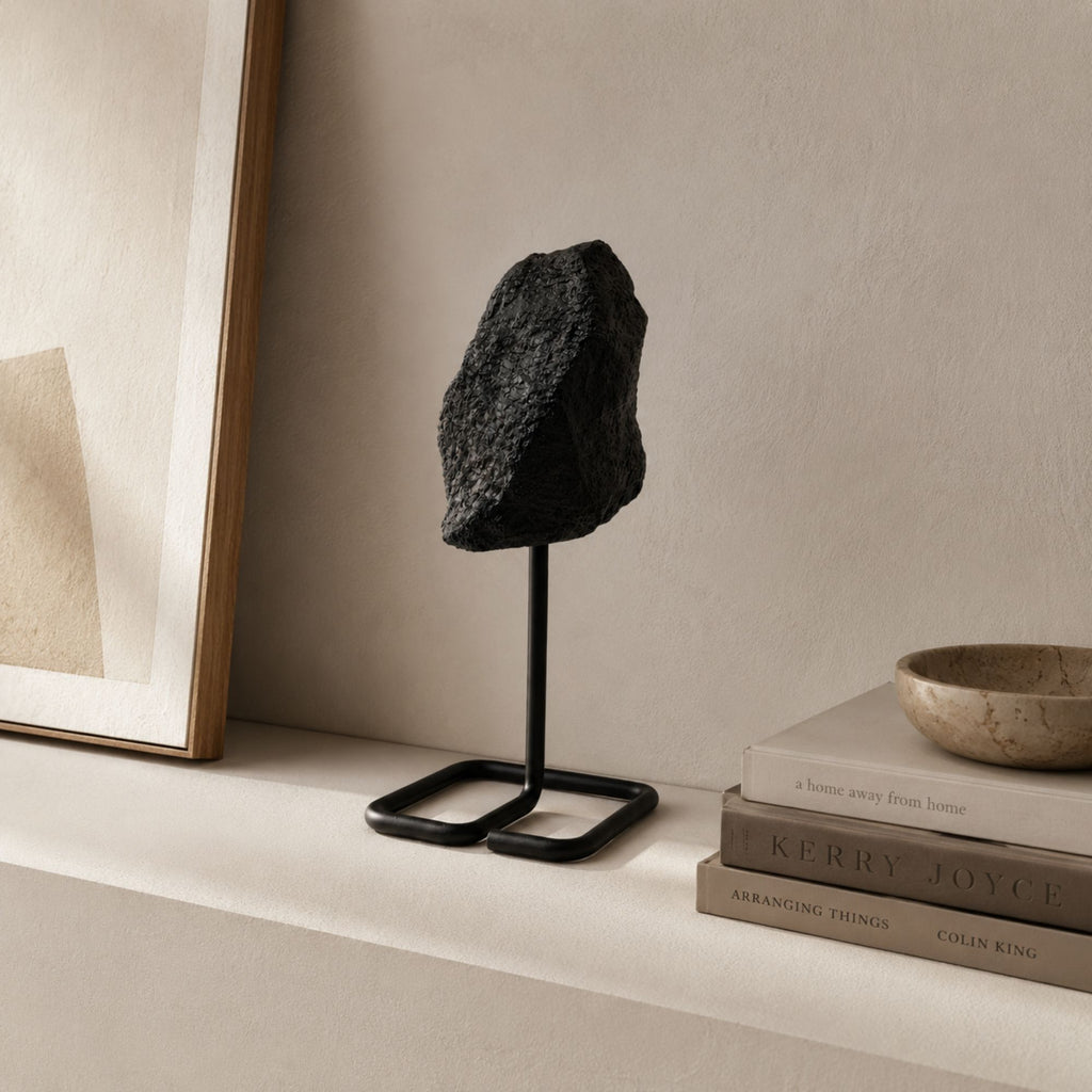 Black Tourmaline Mineral Specimen Display on Metal Stand