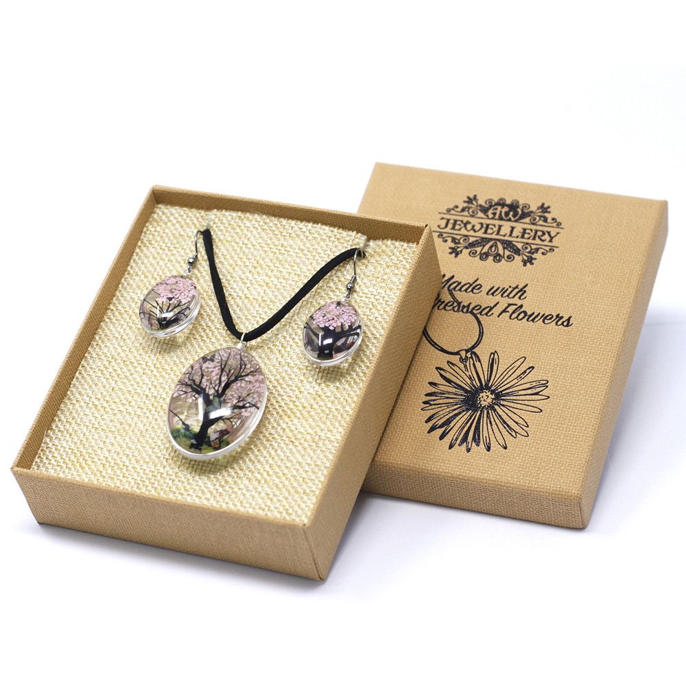 Pressed Flowers Tree of Life Set in Pink Unique Jewellery Gift