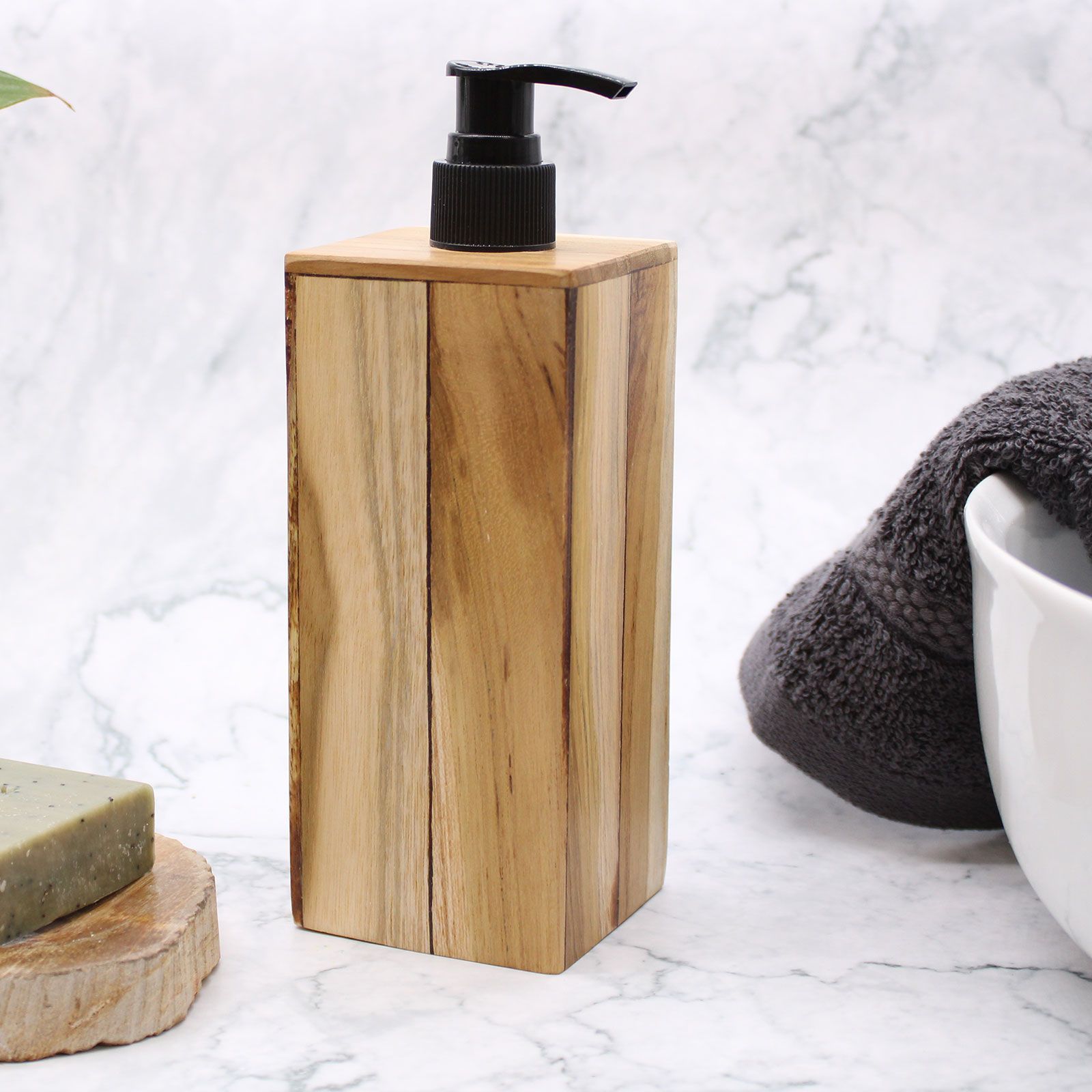 Natural Teakwood Square Soap Dispenser for Home Decor Elegance