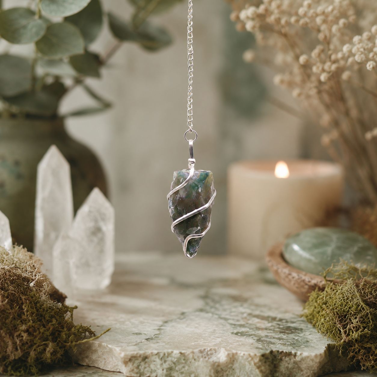 Raw Gemstone Pendulum - Moss Agate
