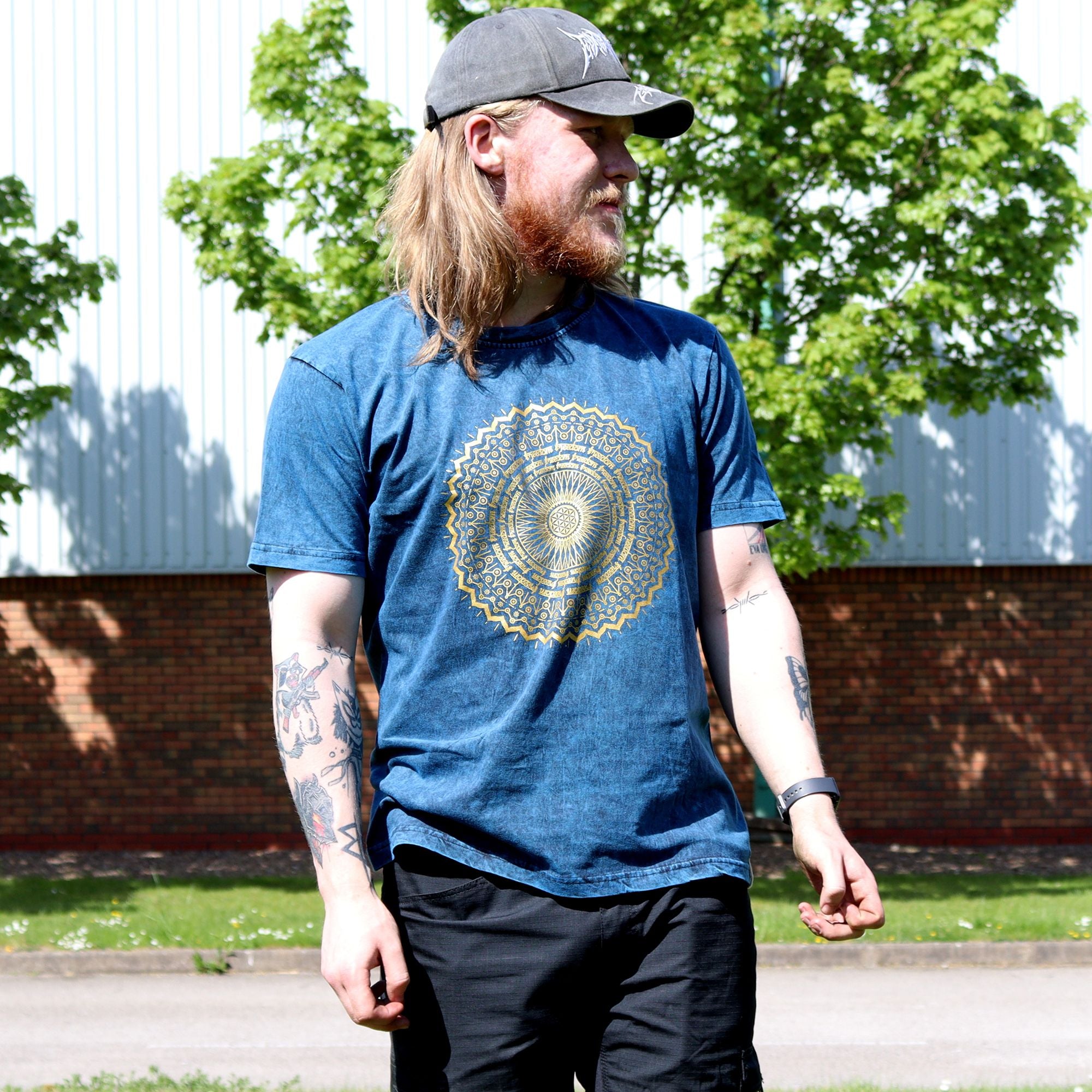 Nomad Sari Stonewashed Cotton T Shirt with Mandala Design in Blue