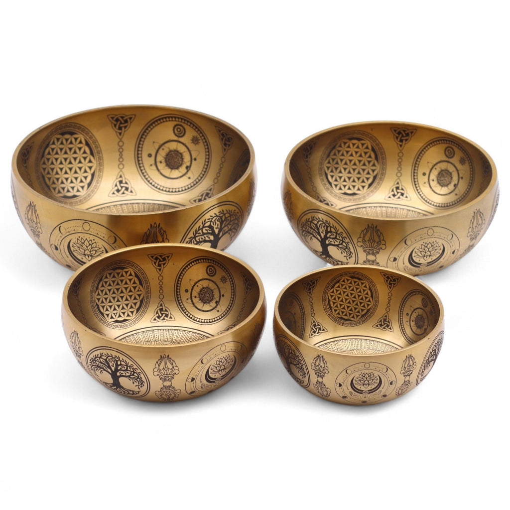 Pure Brass Etched Buddha Set of 4 Singing Bowls for Home Decor