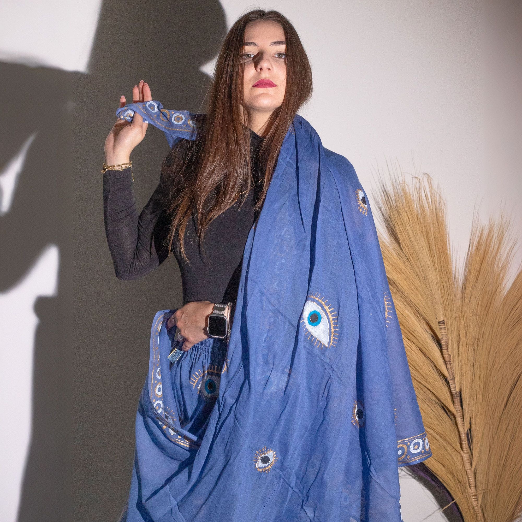 Nomad Sari Pareo in Rich Blue and Gold Evil Eye Print Design