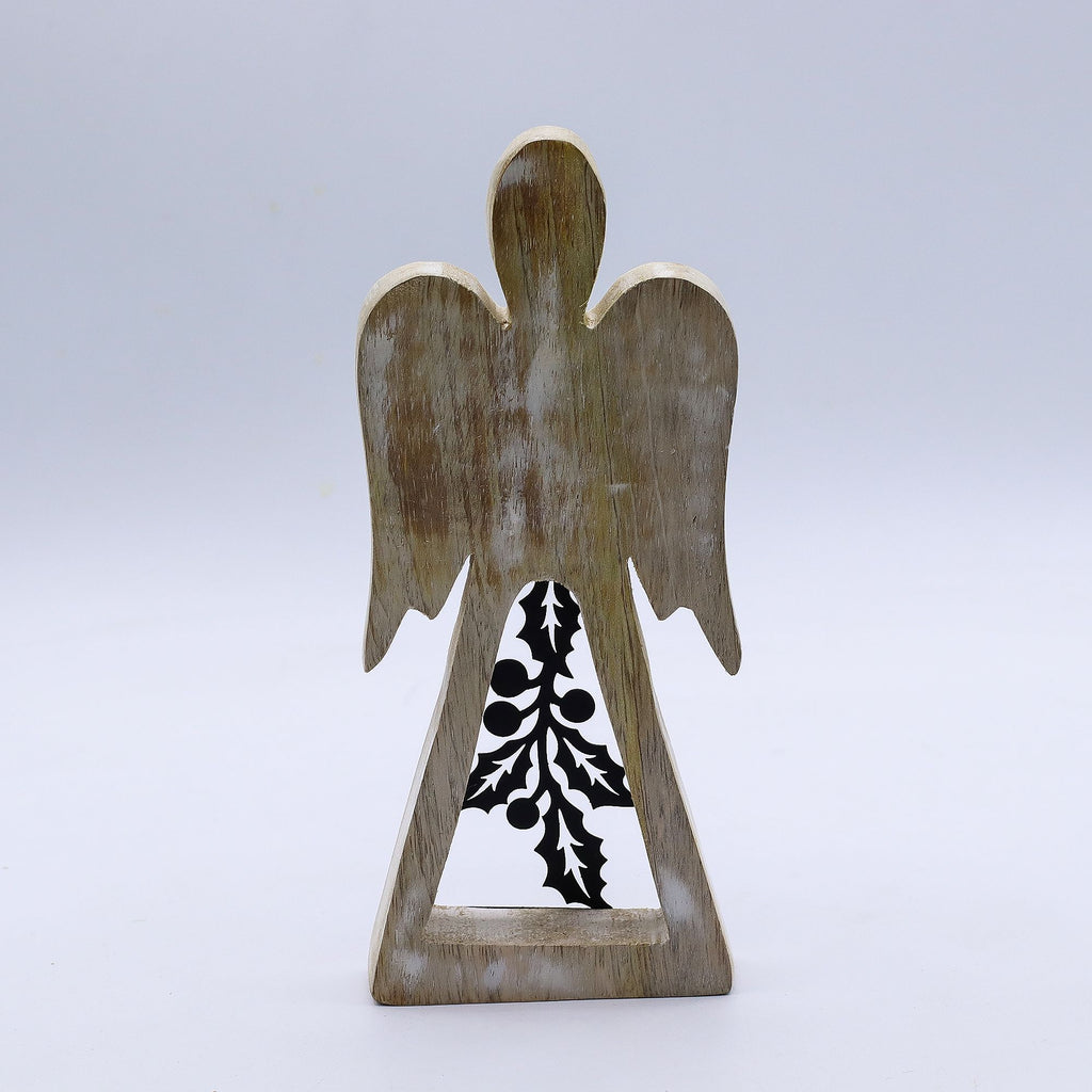 Mango Wood Angel with Iron Decor Cut Out in Whitewash Finish