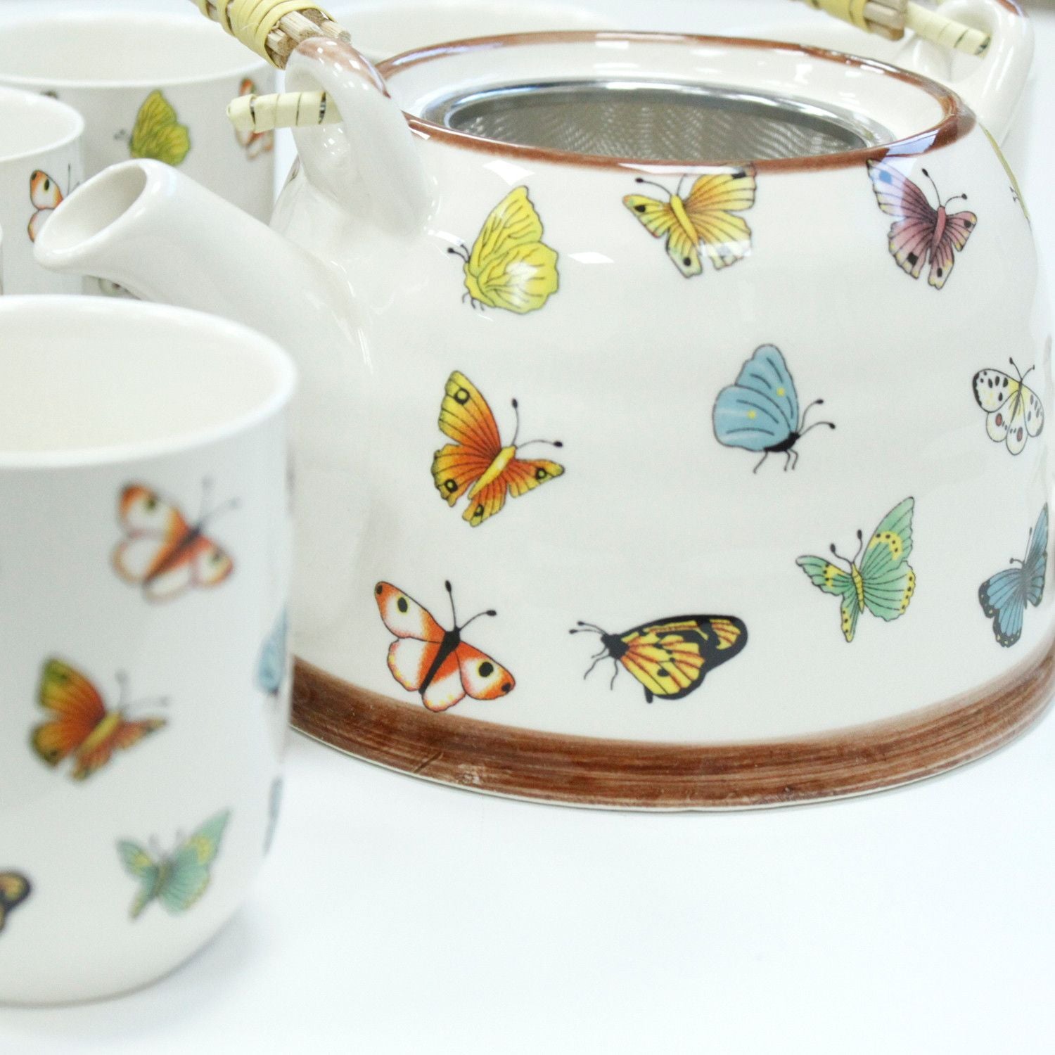 Herbal Teapot Set Butterflies with Six Matching Cups for Tea Lovers