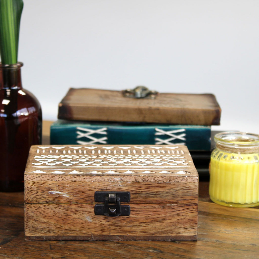 White Washed Wooden Box with Slavic Design for Stylish Storage
