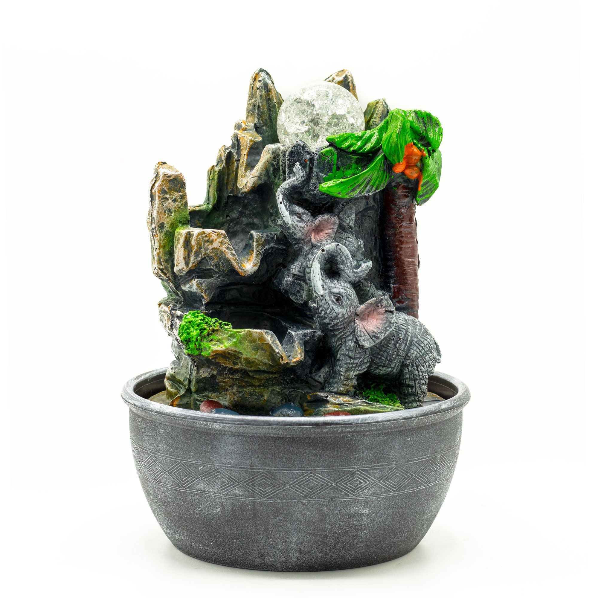 Tabletop Water Feature 25cm with Elephants and Palm Tree Design