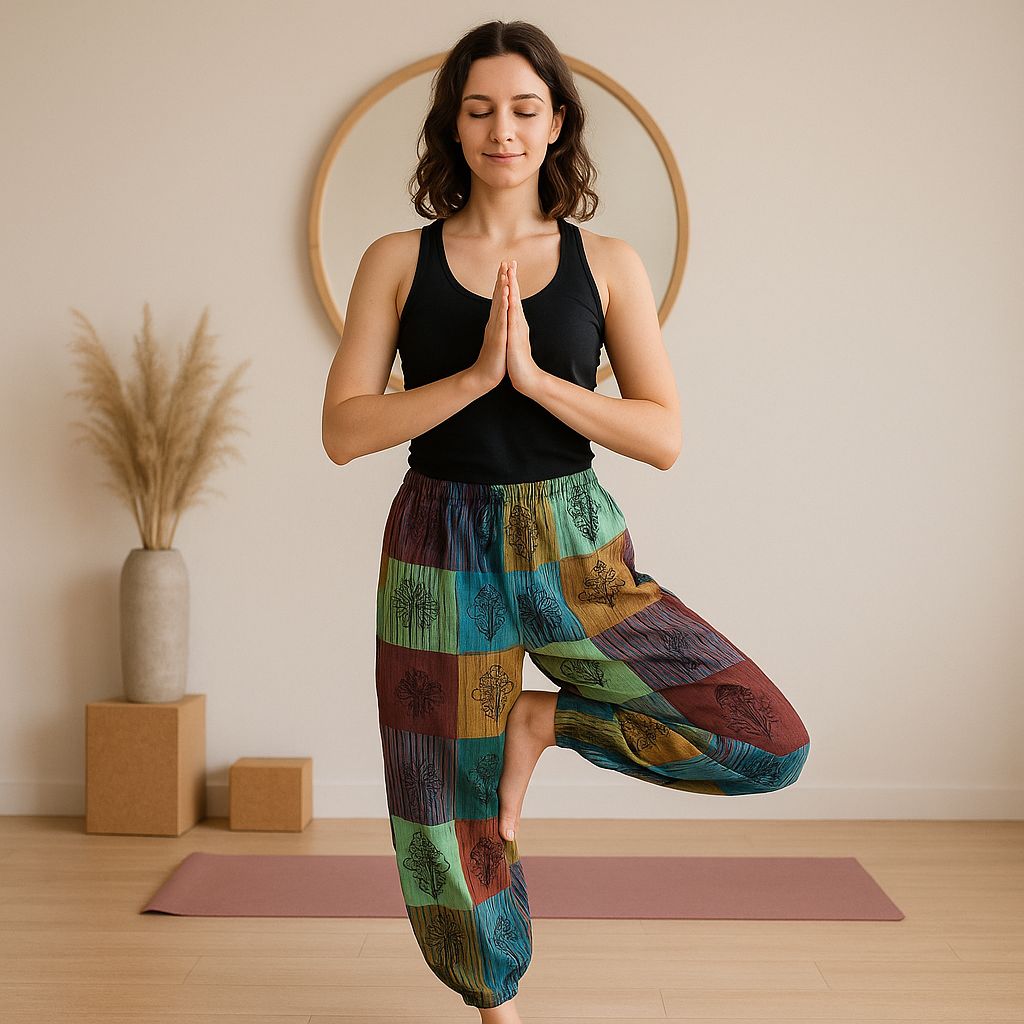 Nomad Sari Mushroom Pants with Block Print Design in Green Tones