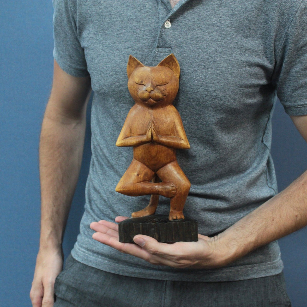 Unique Handcarved Yoga Cats Sculpture in One Leg Pose for Decor