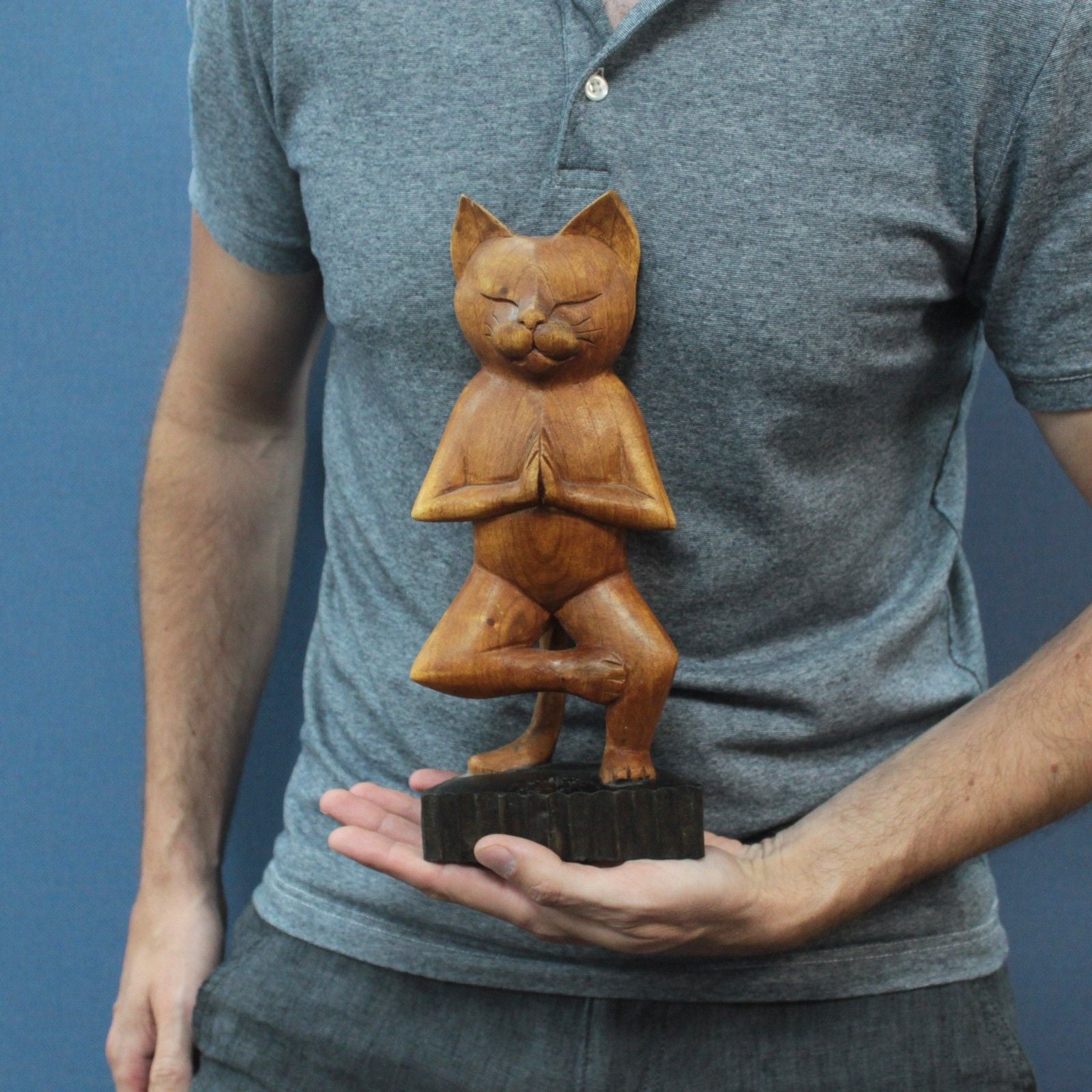 Unique Handcarved Yoga Cats Sculpture in One Leg Pose for Decor