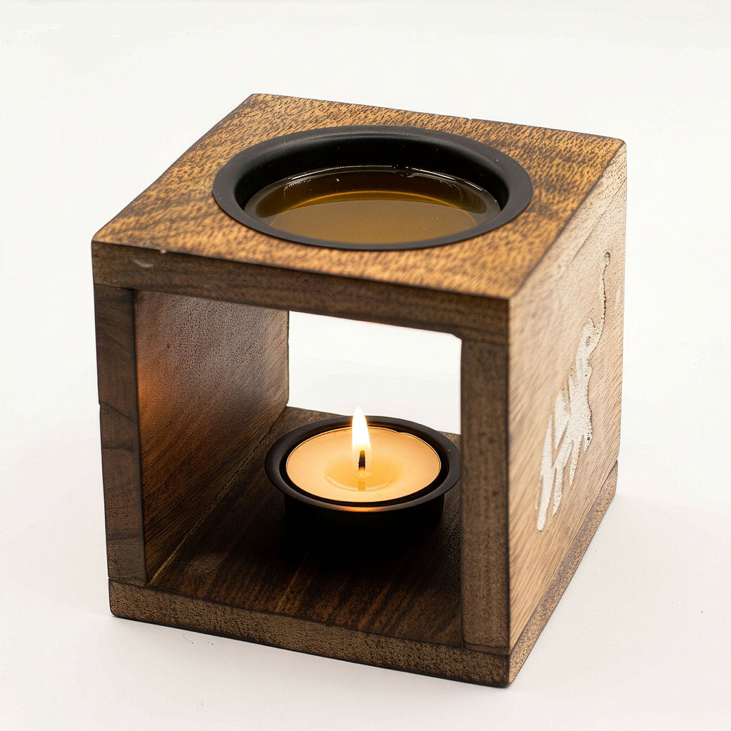 Square Mango Wood Oil Burner with Elephant Design for Fragrance