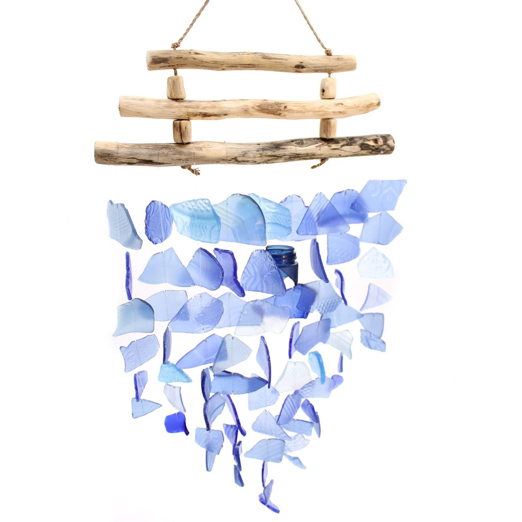 Recycled Glass Wind Chimes Three Stick All Blues Design