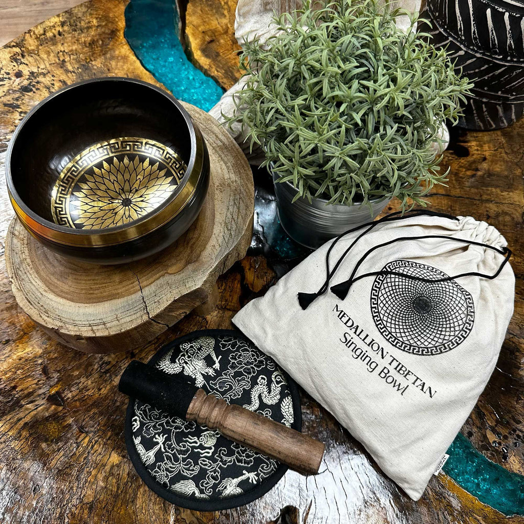 Hand Beaten Engraved Singing Bowl Gift Set with Mallet and Cushion