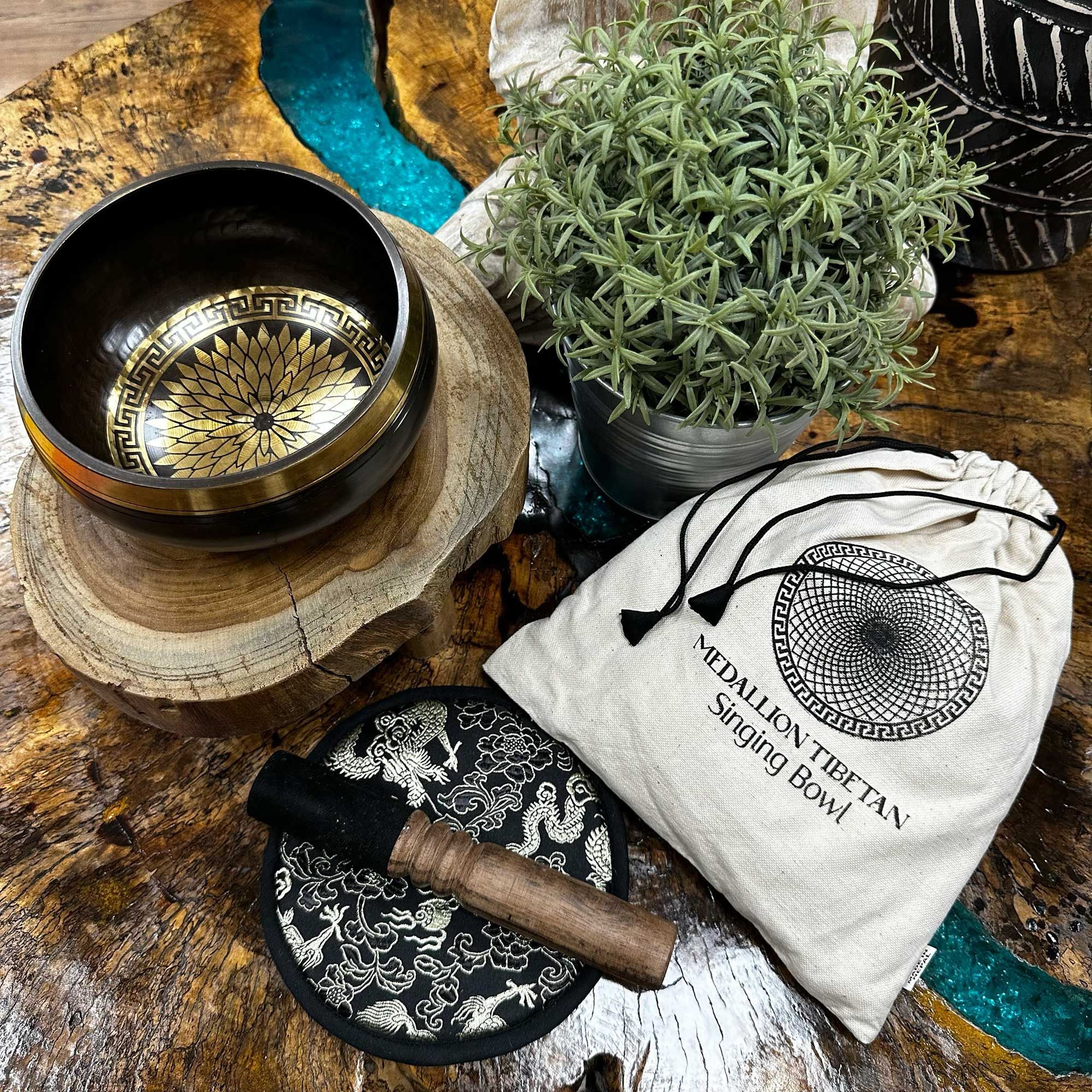 Hand Beaten Engraved Singing Bowl Gift Set with Mallet and Cushion