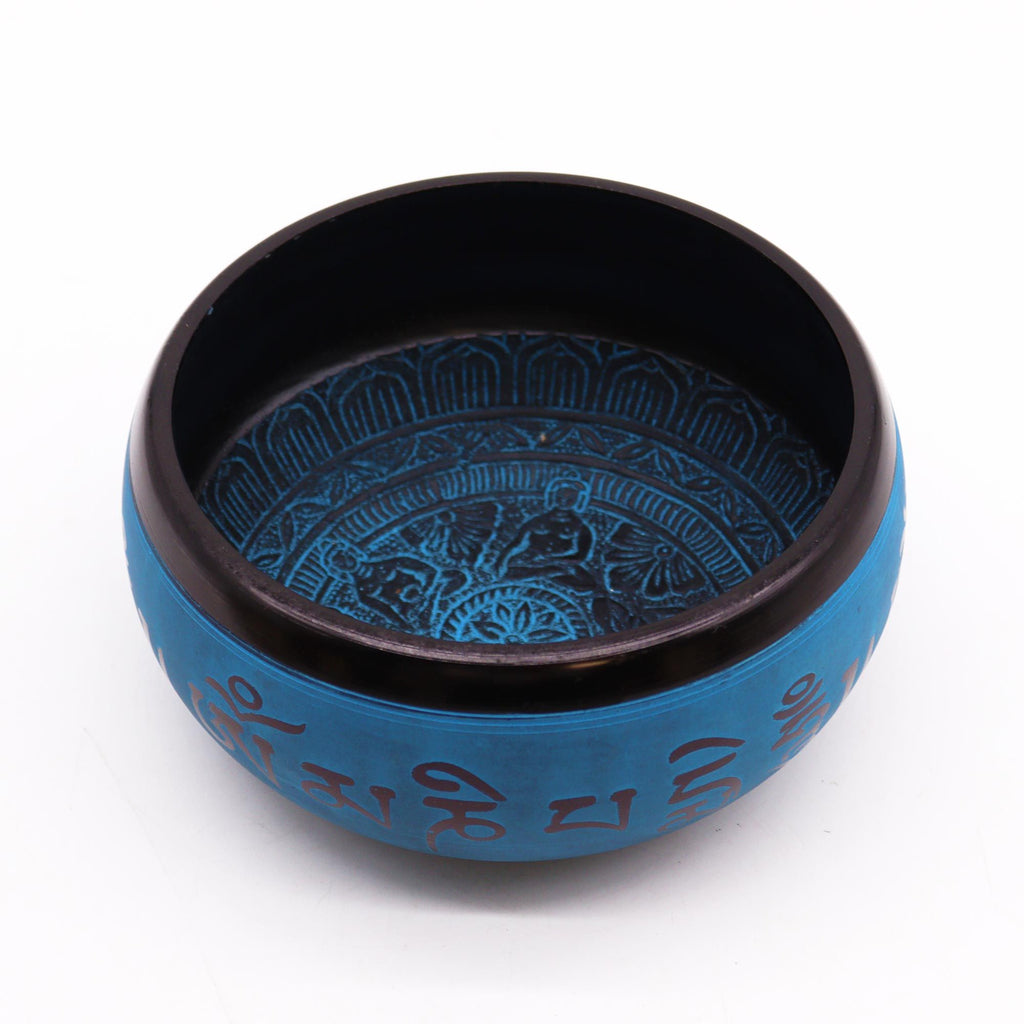Earth Powder Singing Bowl with Blue Mantra Five Buddha Design
