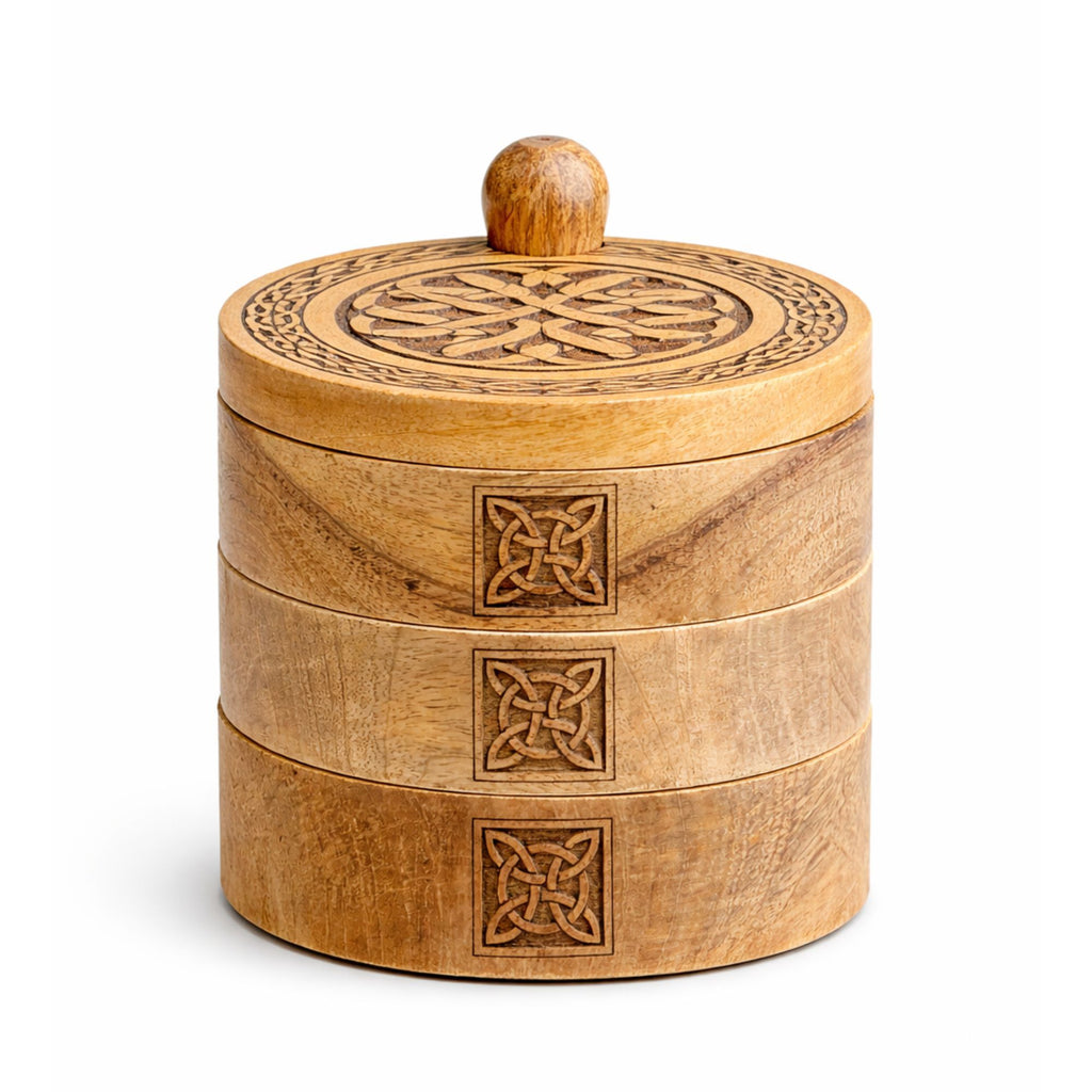 Celtic Carved 3 Tier Revolving Box for Elegant Storage Solutions
