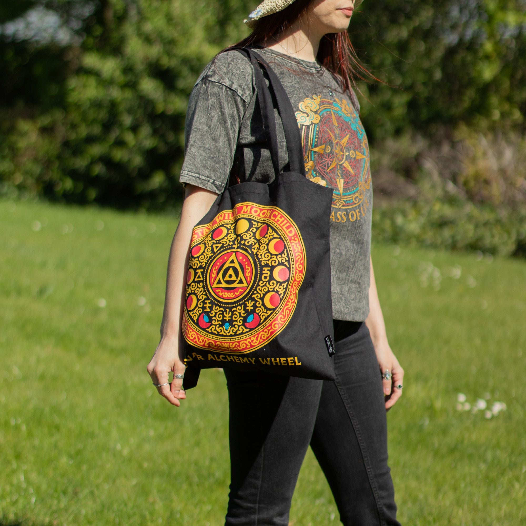 Iconic Classic Tote Bag with Luna Alchemy Wheel Design in Black